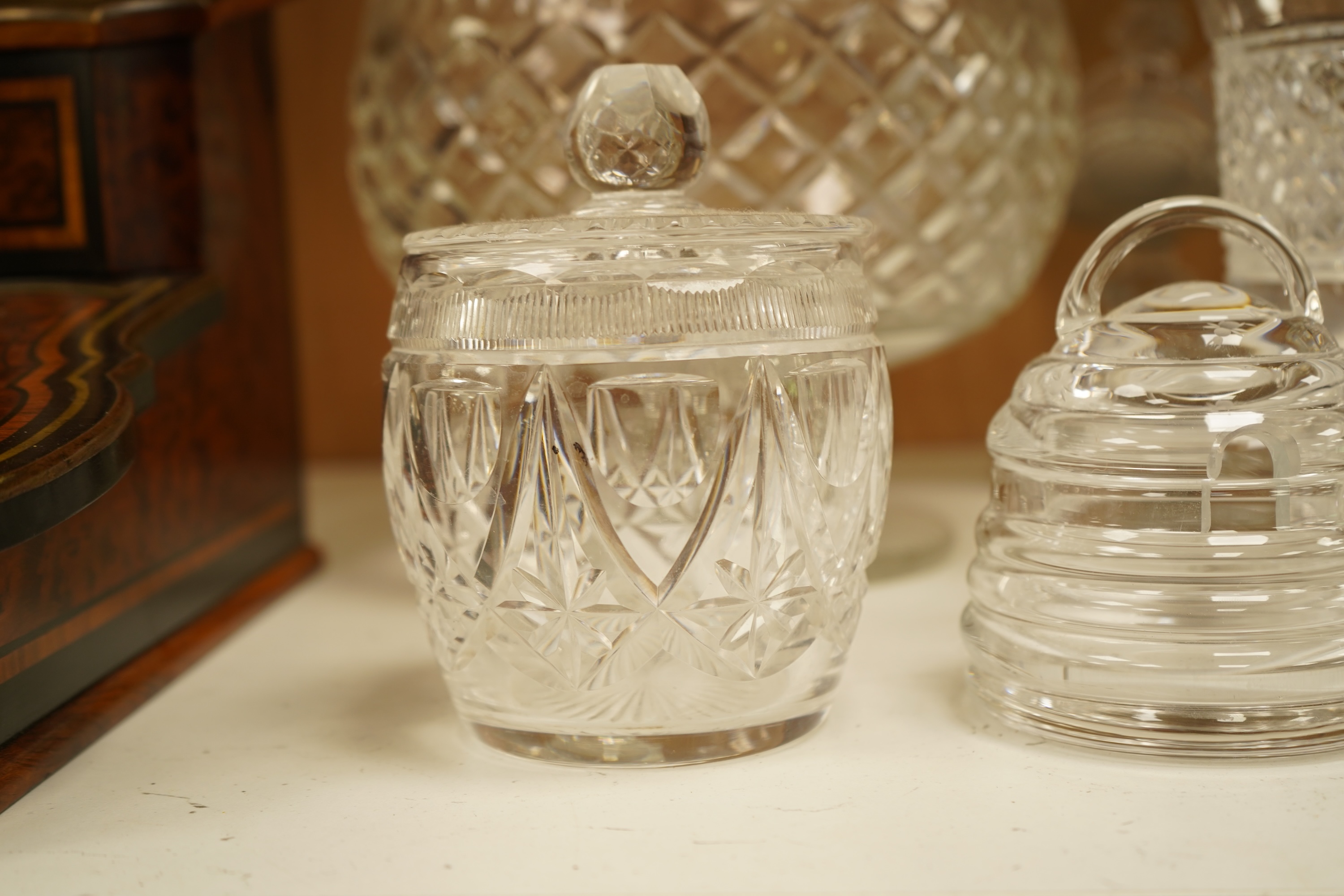 Collection of glassware to include William Yeoward beehive honey skep, five pressed glass comports and other glassware, largest 23cm in diameter
